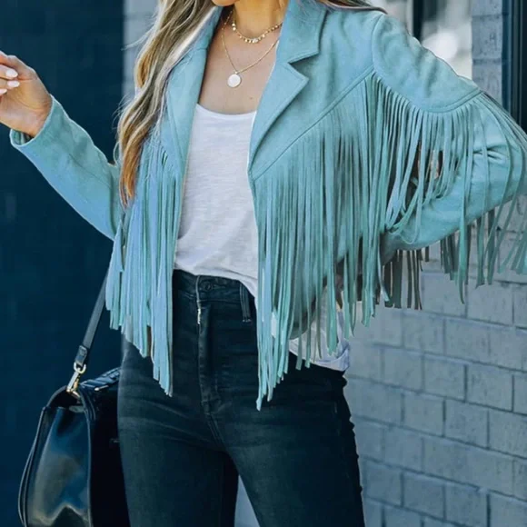 Blue tassel women faux suede jacket blazer fringe boho festival - Picture 3 of 4